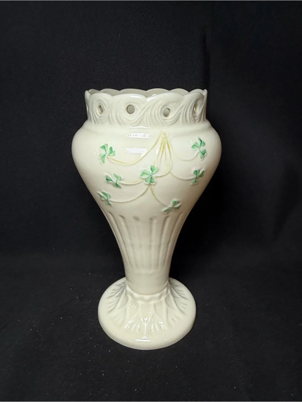 Belleek Shamrock Clover Scalloped Rim Footed Vase Ireland